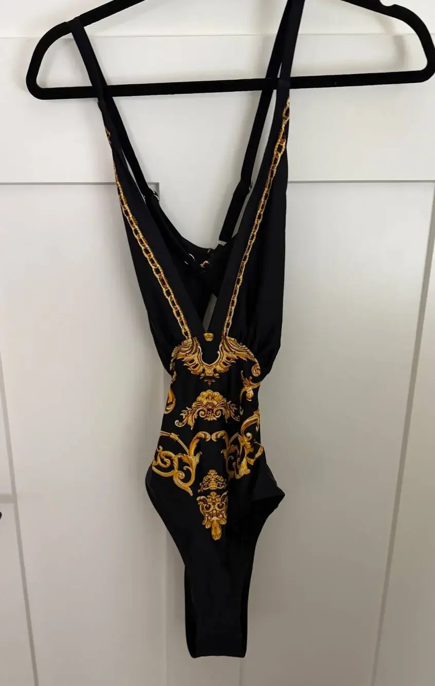 Womens One Piece Cut Out Black And Gold Swimsuit